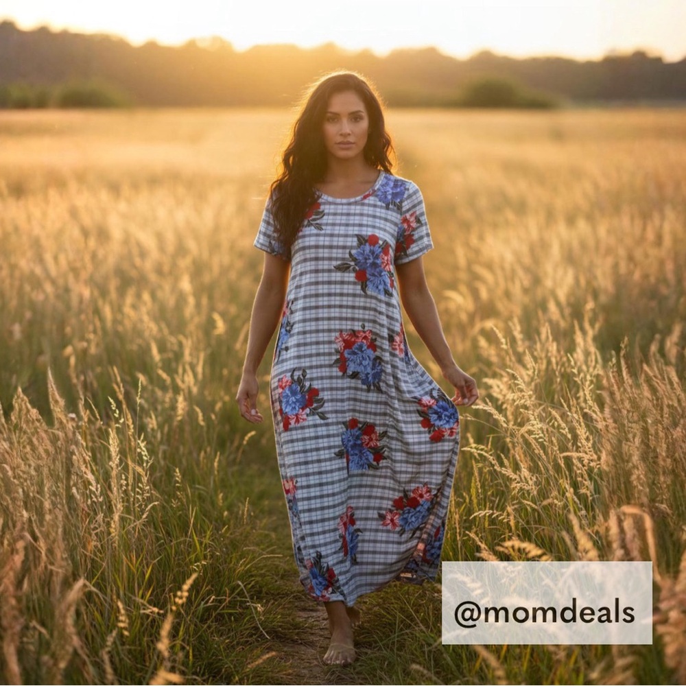 LulaRoe Carly Midi Dress High Low Hem Stretchy Comfortable Plaid Floral XS 2-4